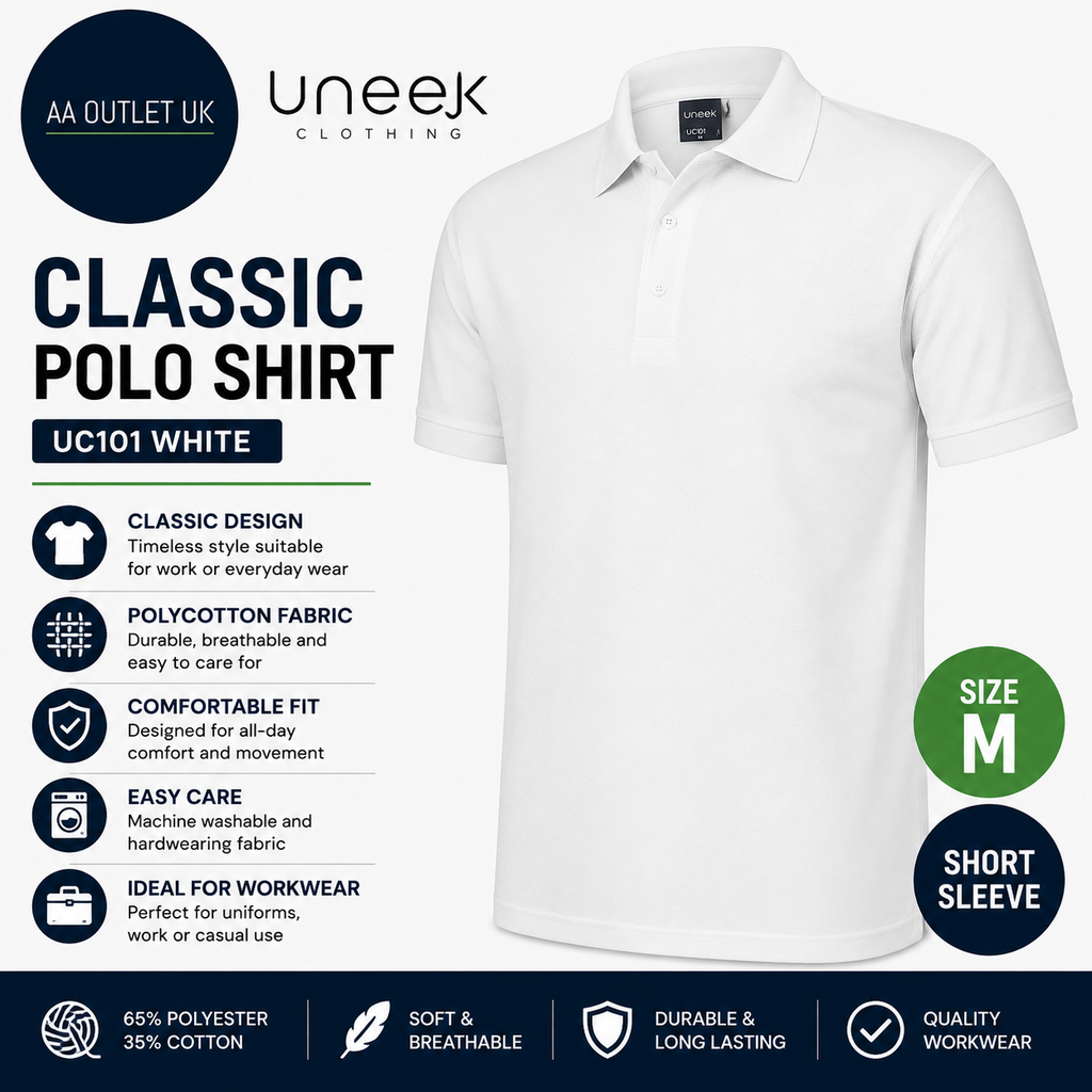 Uneek UC101 Classic Polo Shirt White Short Sleeve Polycotton Workwear Medium New
