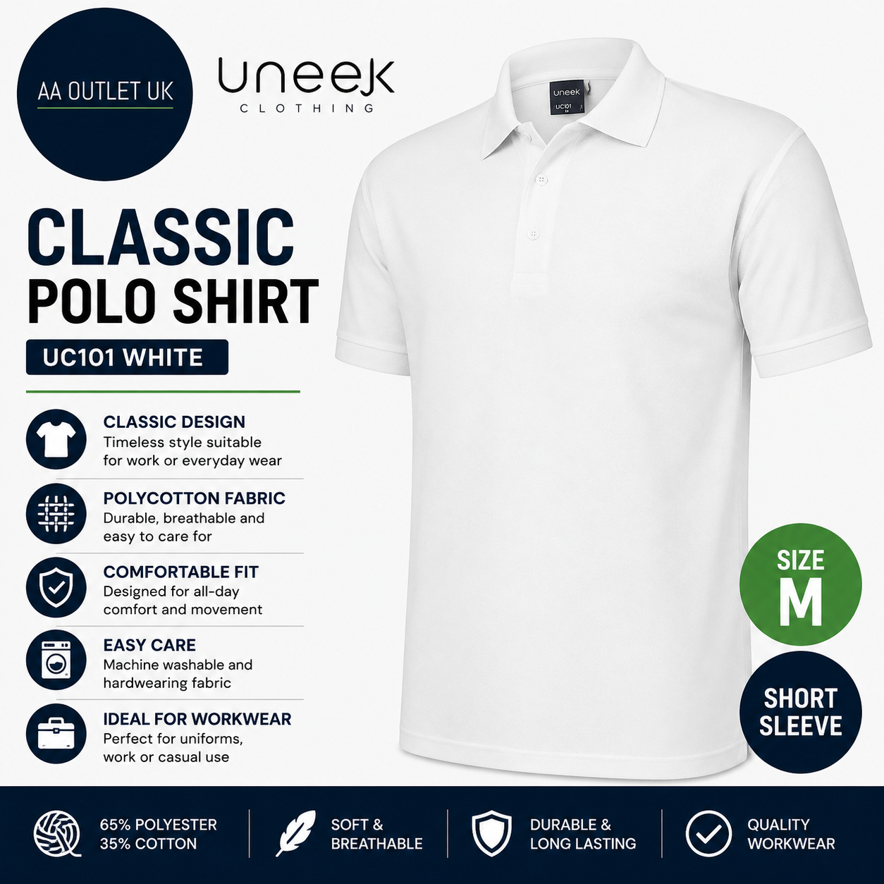 Uneek UC101 Classic Polo Shirt White Short Sleeve Polycotton Workwear Medium New