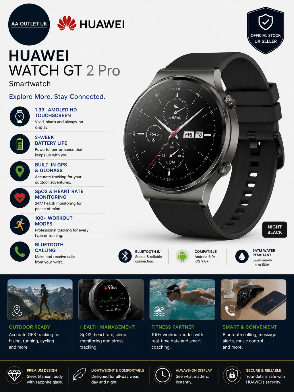 Huawei Watch GT 2 Pro Smartwatch 1.39in Amoled HD Touchscreen 2 Week Battery
