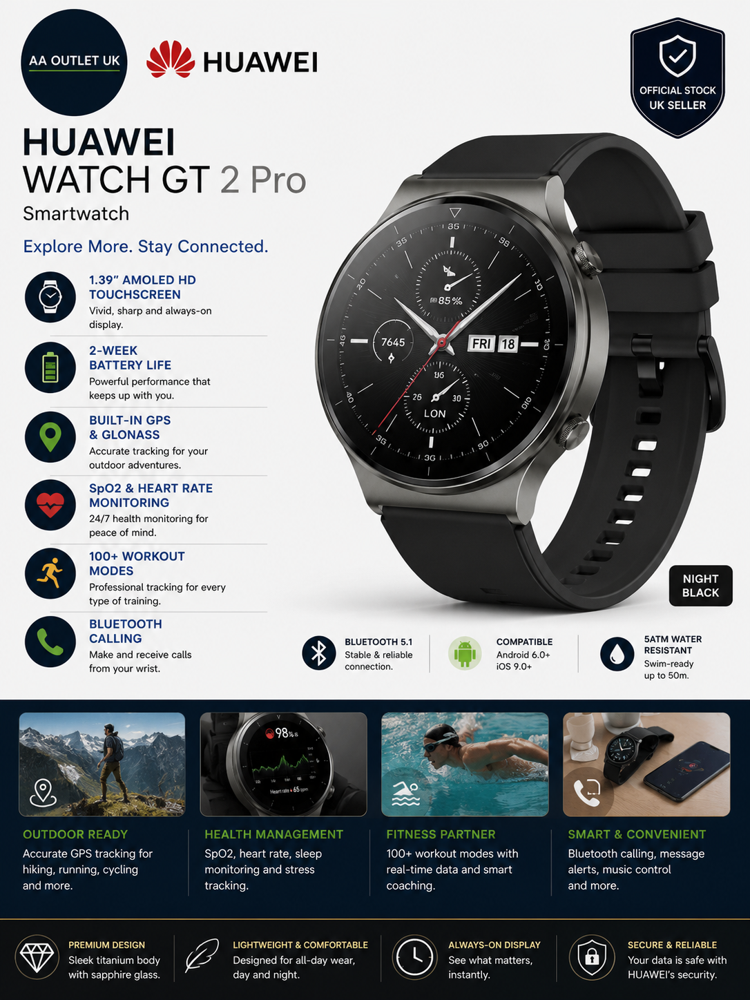 Huawei Watch GT 2 Pro Smartwatch 1.39in Amoled HD Touchscreen 2 Week Battery