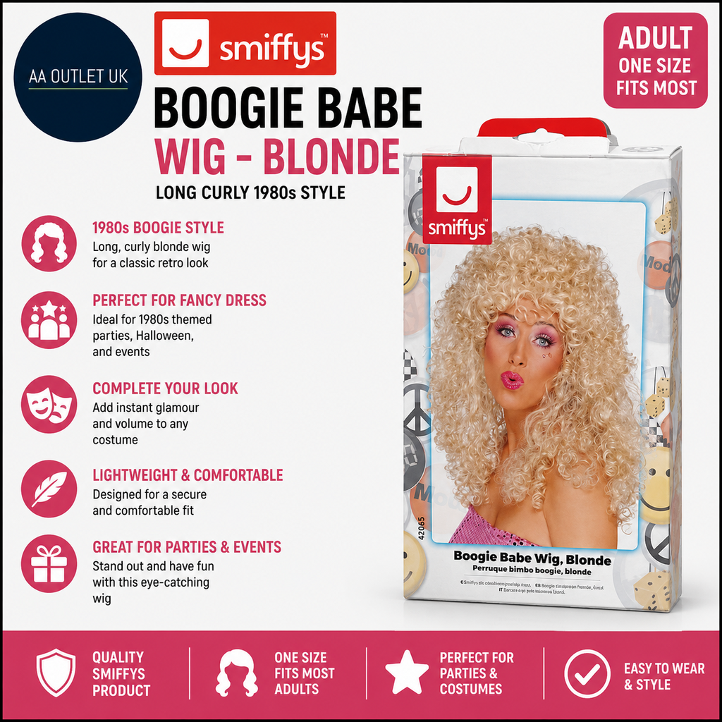 Smiffys Boogie Babe Wig Blonde Long Curly 1980s Fancy Dress Adult Dress Up