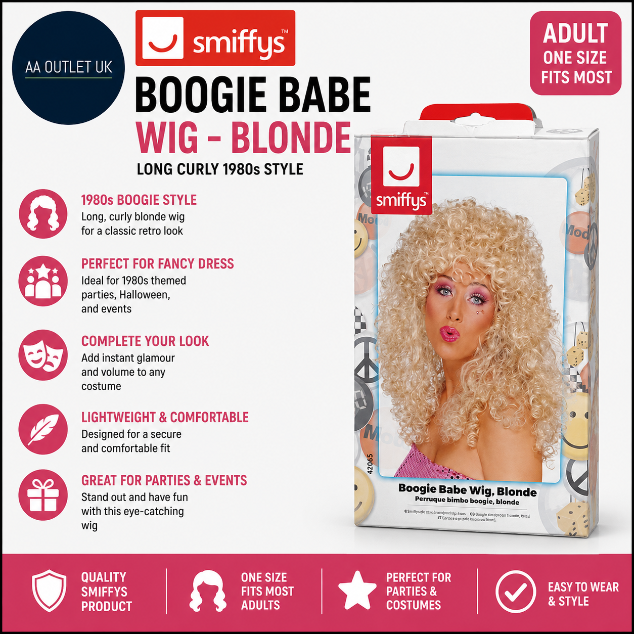 Smiffys Boogie Babe Wig Blonde Long Curly 1980s Fancy Dress Adult Dress Up