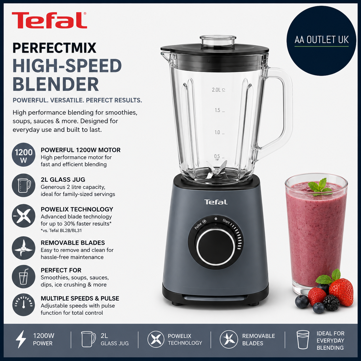 Tefal PerfectMix High Speed Blender 1200w 2L Glass Jug Powelix Technoloy