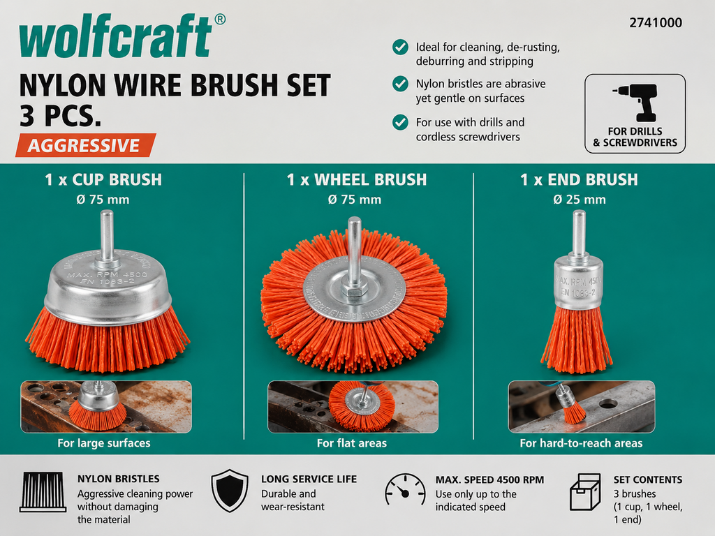 Wolfcraft Nylon Wire Brush Set 3 Pieces Aggressive 2741000 Red Silver