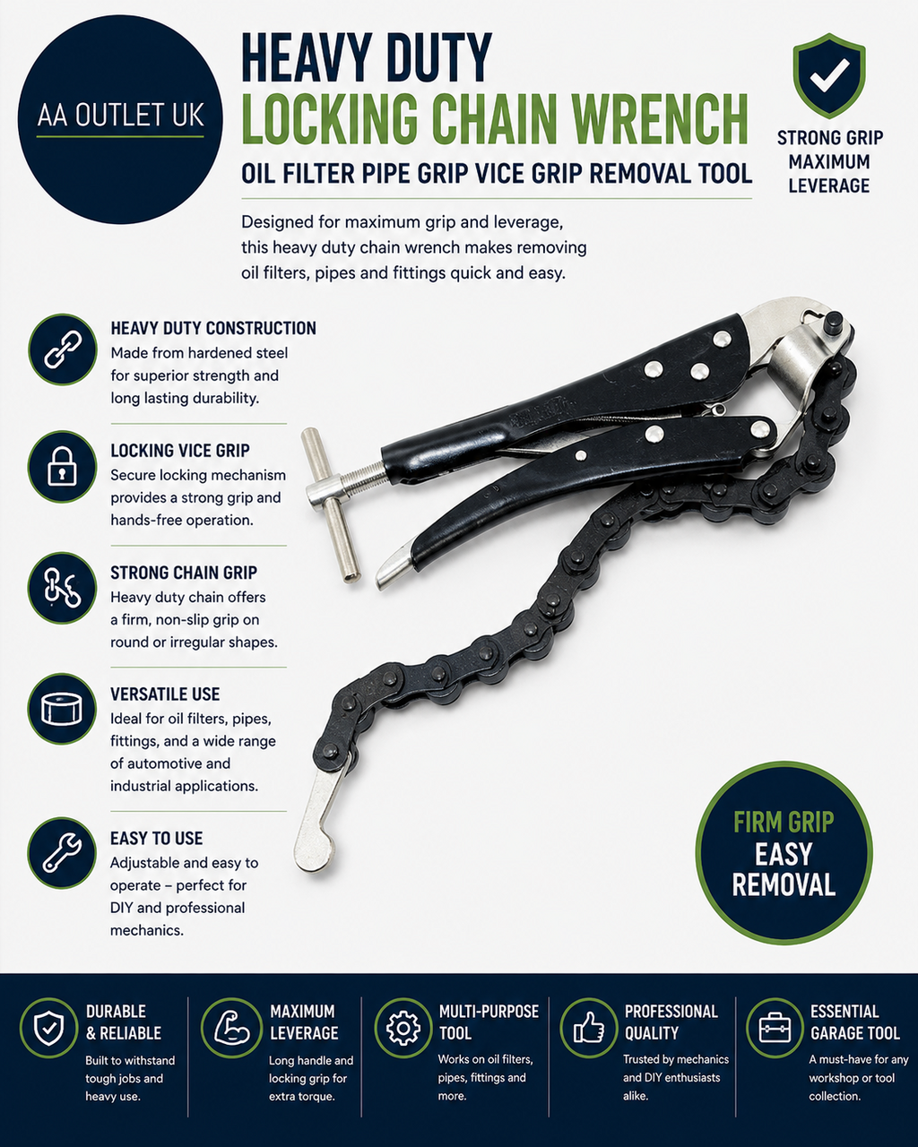 Heavy Duty Locking Chain Wrench Oil Filter Pipe Grip Vice Grip Removal Tool