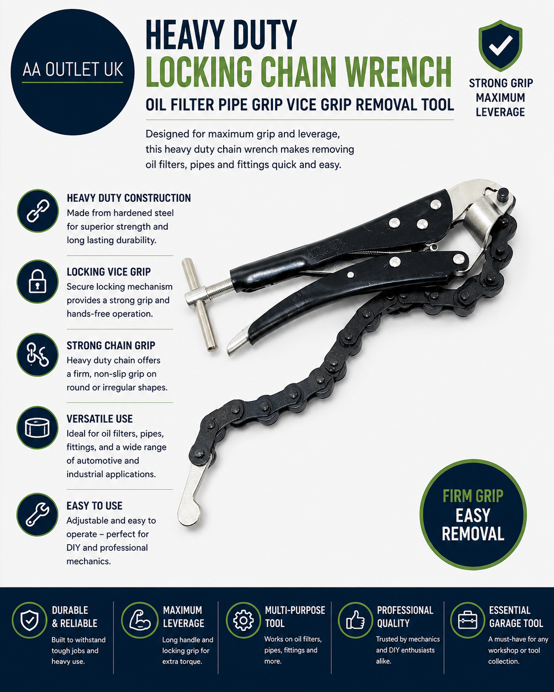 Heavy Duty Locking Chain Wrench Oil Filter Pipe Grip Vice Grip Removal Tool