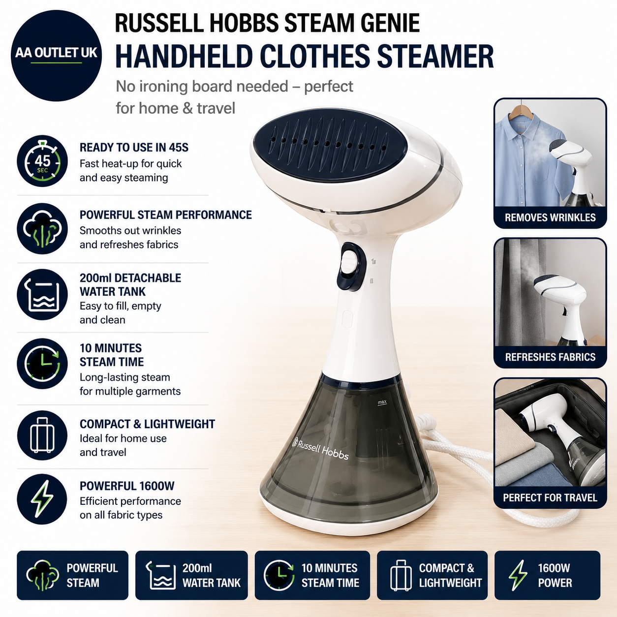 Russell Hobbs Steam Genie Handheld Clothes Steamer 200ml 1600W 25591 Compact