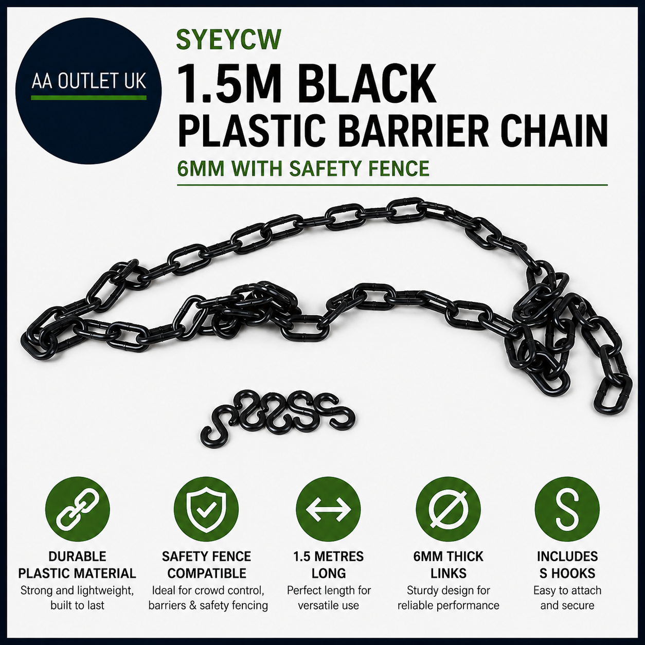 SYEYCW 1.5M Black Plastic Barrier Chain 6mm 5 Hooks Safety Fence Black Design