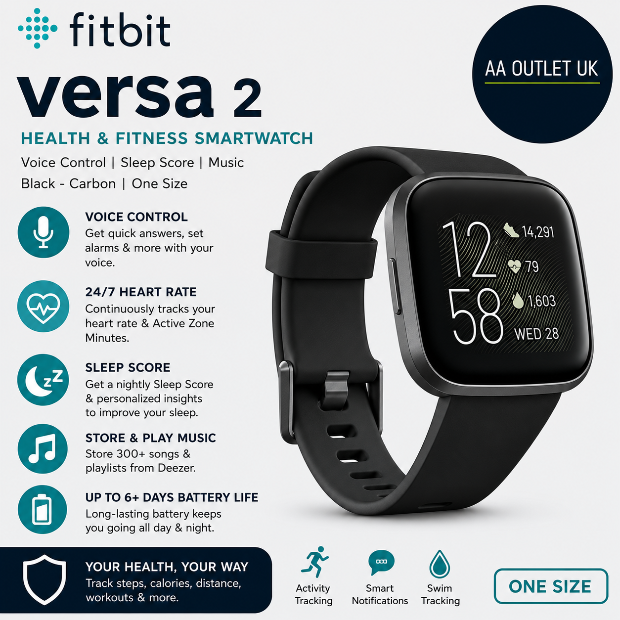 Fitbit Versa 2 Health Fitness Smartwatch Voice Control Sleep Music Swim Track