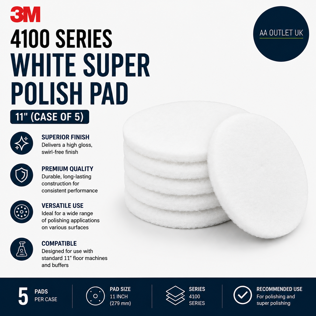 3M 4100 Series White Super Polish Pad 11in Case Of 5 Polyester Medium Grit