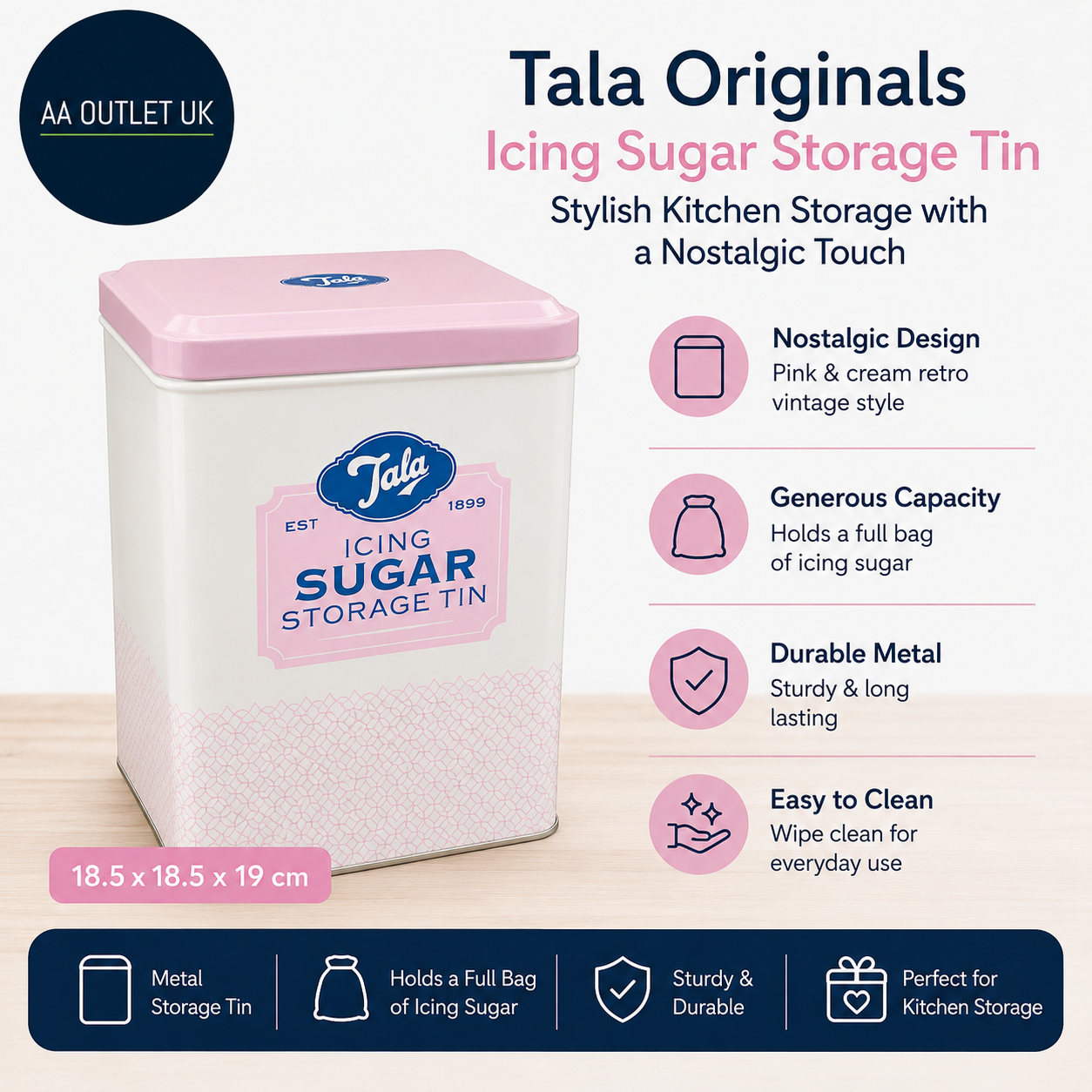 Tala Originals Metal Pink Cream Nostalgic Design Storage Tin Holds Full Bag
