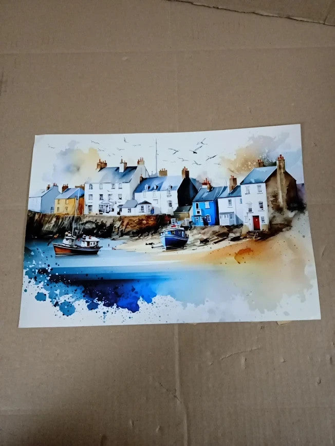 Beauitiful Vivid Fine Art Print Of A Seaside Fishing Harbour Painting 29.7x21cm