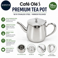 Cafe Ole PT035 Premium Tea Pot 18/10 Stainless Steel Mirror Polished 35oz Silver