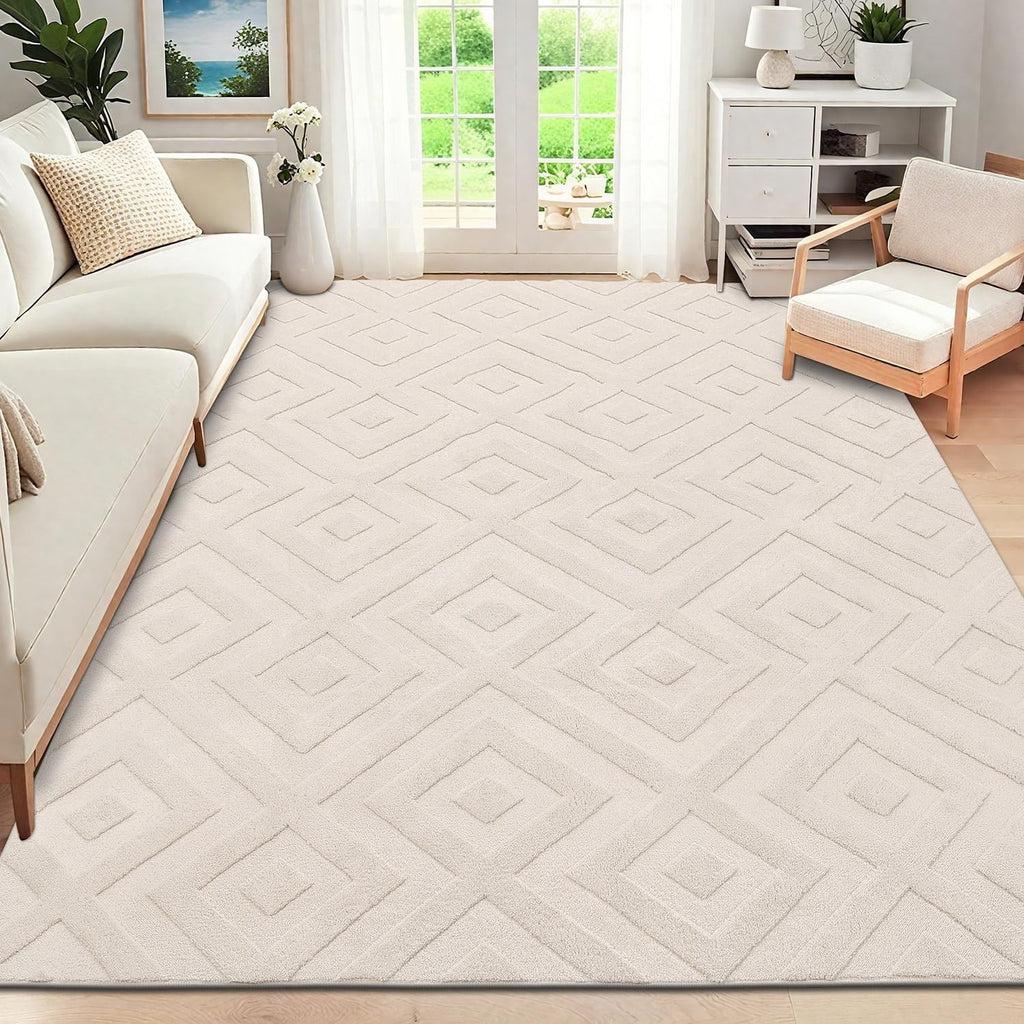 SHACOS Washable Rug 120x160cm Beige Non Slip Geometric Living Room Carpet New
