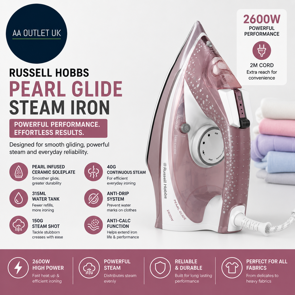 Russell Hobbs Pearl Glide Steam Iron Pearl Infused Ceramic Soleplate 2600W 23972