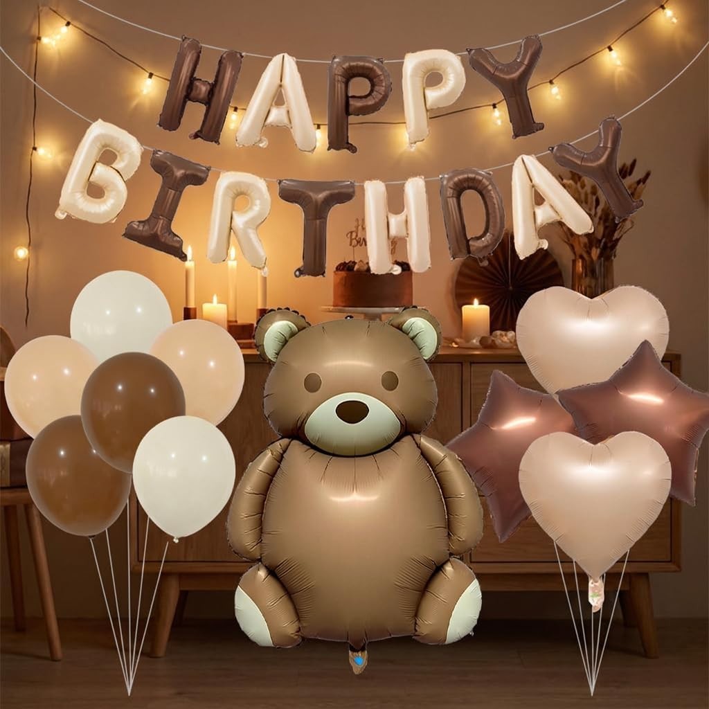 30 Pieces Happy Birthday Chocolate Brown Bear Theme Foil Balloons Kit New