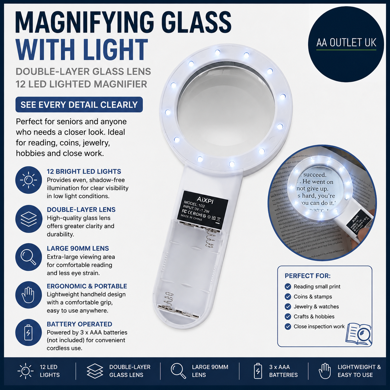Magnifying Glass With Light Double Layer Lens Handheld Large Led Lighted