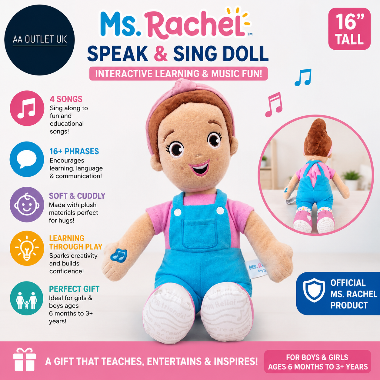 Ms Rachel Speak & Sing Doll 16” Tall Interactive Toy 4 Songs 6months To 3+ Years