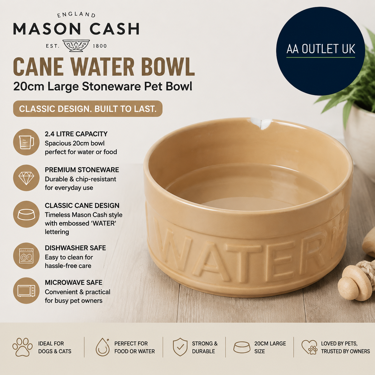 Mason Cash Cane Food Water Bowl 20cm Large Stoneware Pet 2.4Litre Capacity
