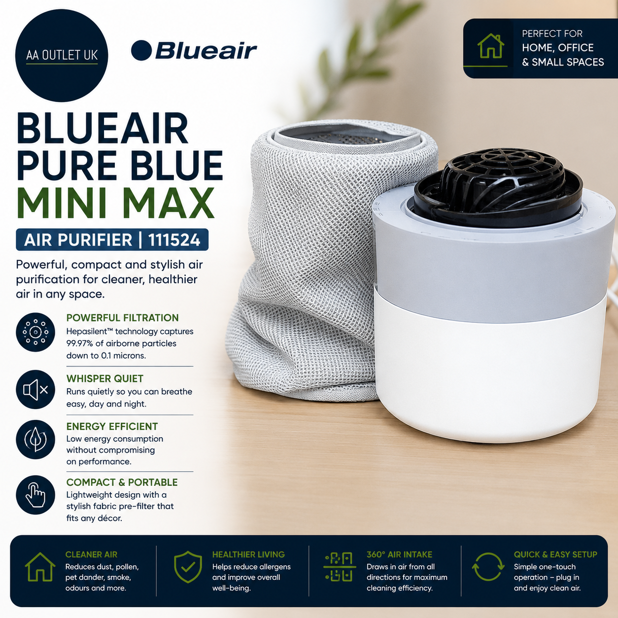 Blueair Mini Air Purifier Compact Filtration Removes 99.97% Dust Pollen Smoke