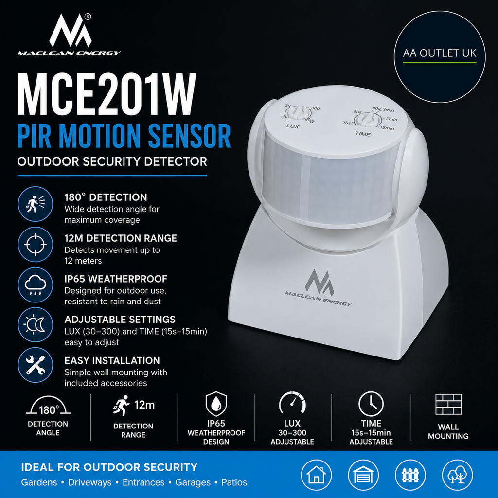 Maclean MCE201W PIR Motion Sensor 12m 180° IP65 Outdoor Security Detector White