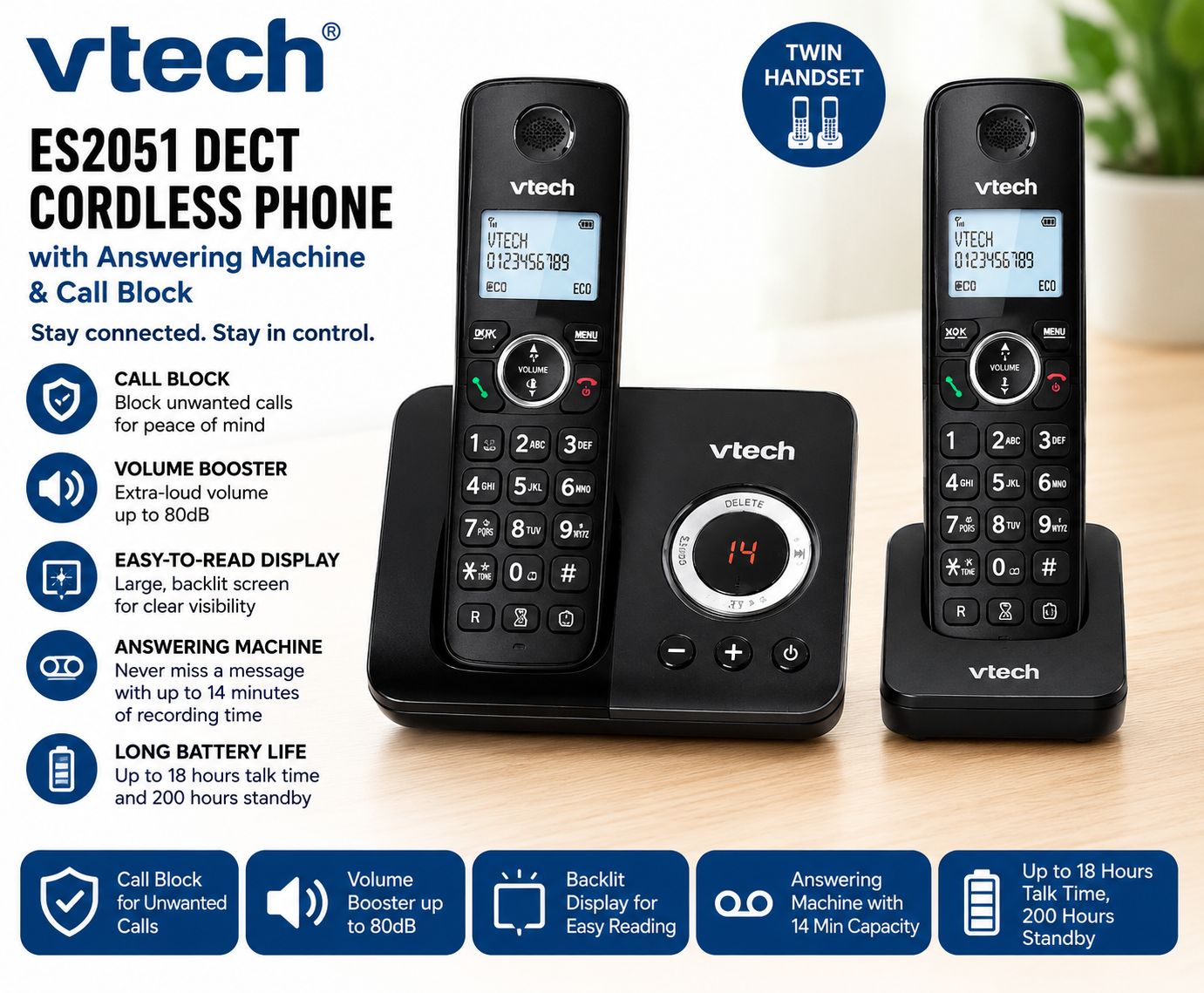 VTech ES2051 DECT Cordless Phone Answering Machine Call Block Easy To Read