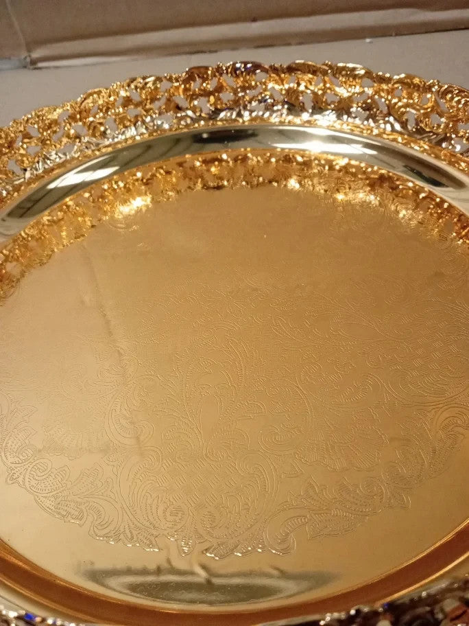 Royal Silver Gold Round Stylish 23cm Plated Paandan Tray Home Kitchen Dining New