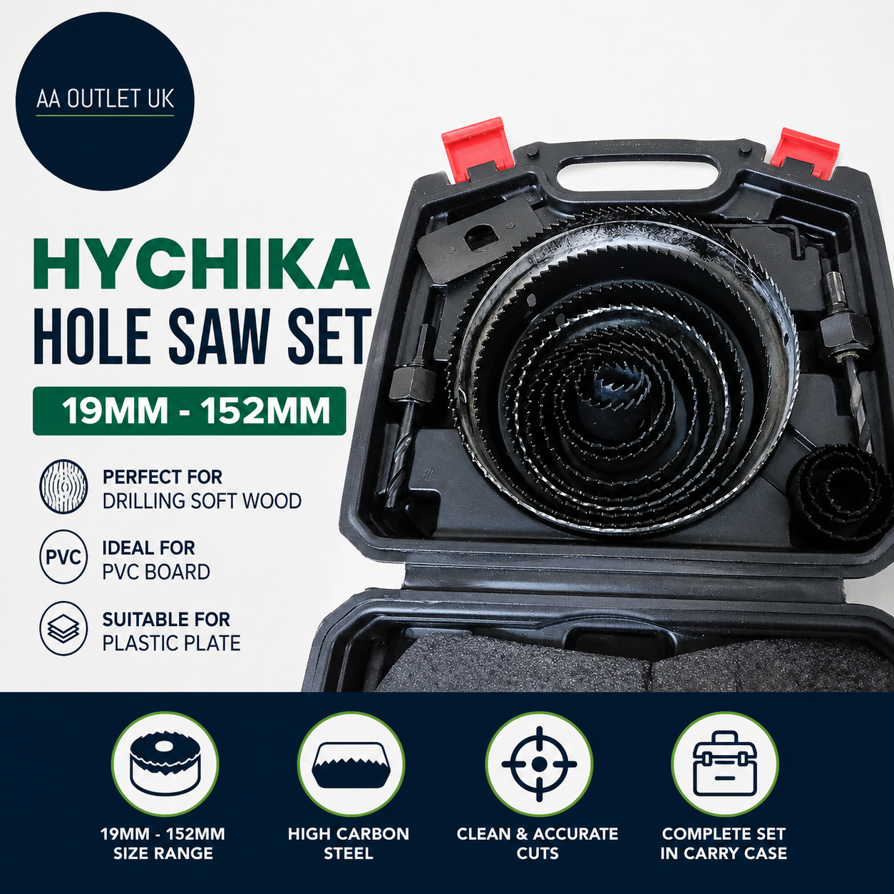 Hychika Hole Saws Set 19mm To 152mm Perfect Drilling Soft Wood PVC Board