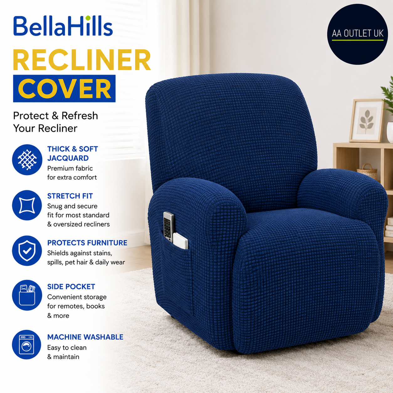 BellaHills Stretch Recliner Chair Covers Side Pocket Small Checked Fitted Navy
