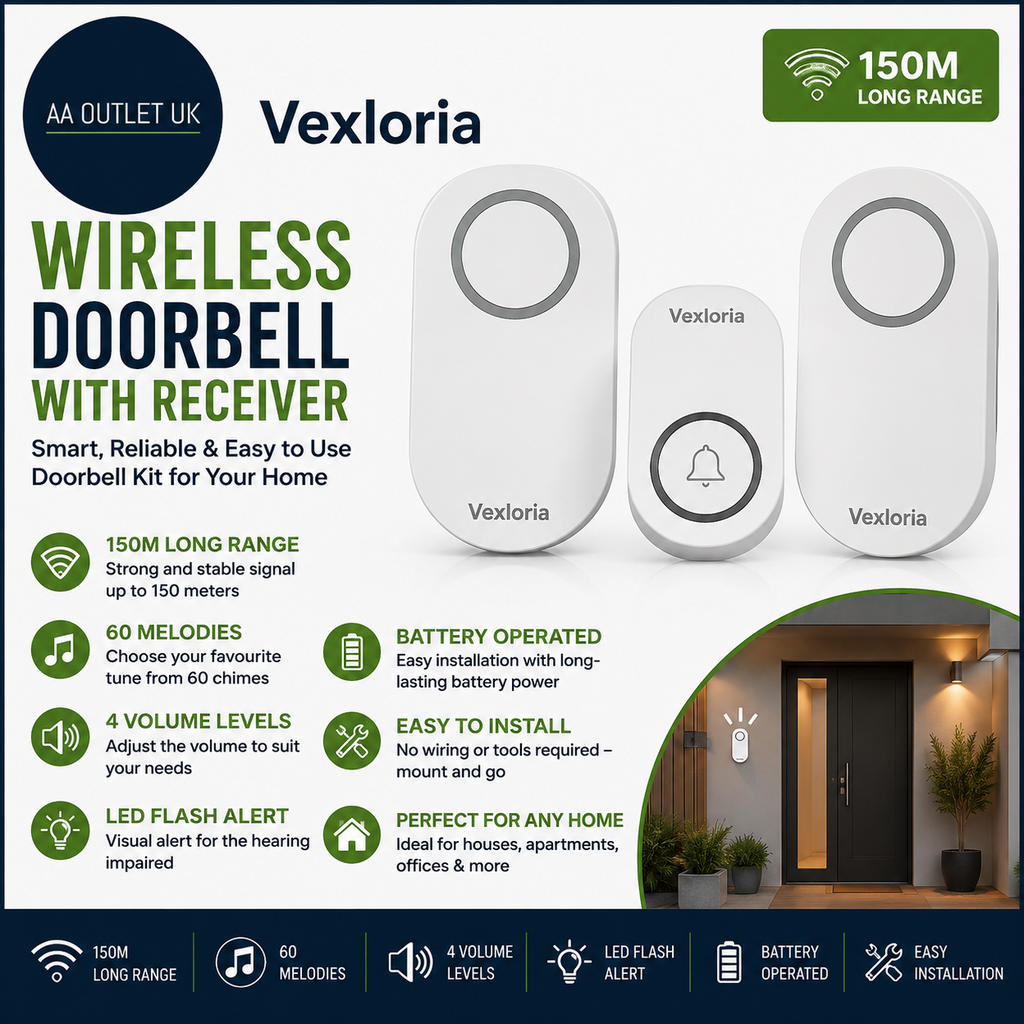 Vexloria Wireless Doorbell Receiver 150m Long Range Chime Kit 60 Melodies White