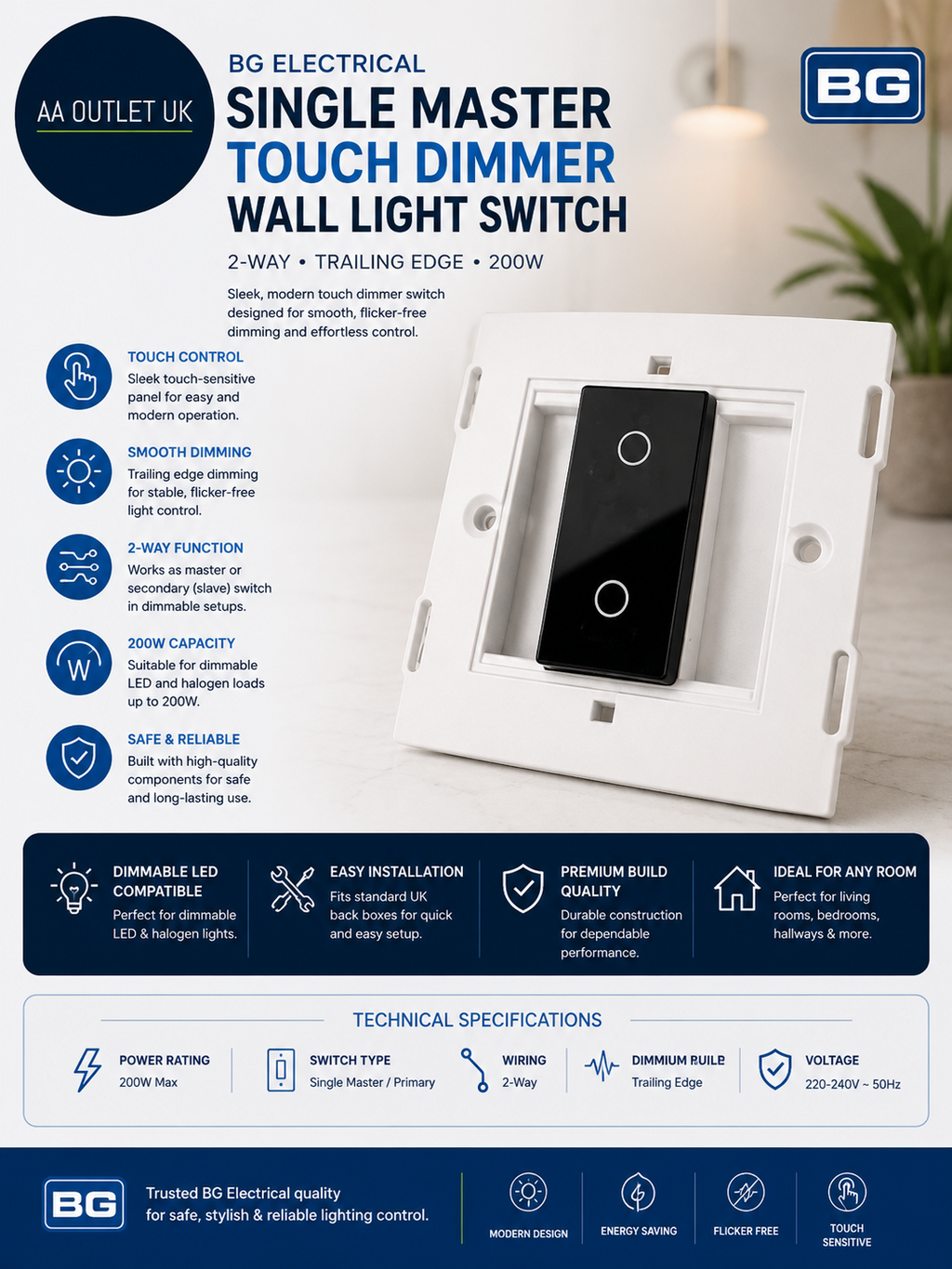 BG Electrical Single Master Primary Touch Dimmer Wall Light Switch 2 Way New