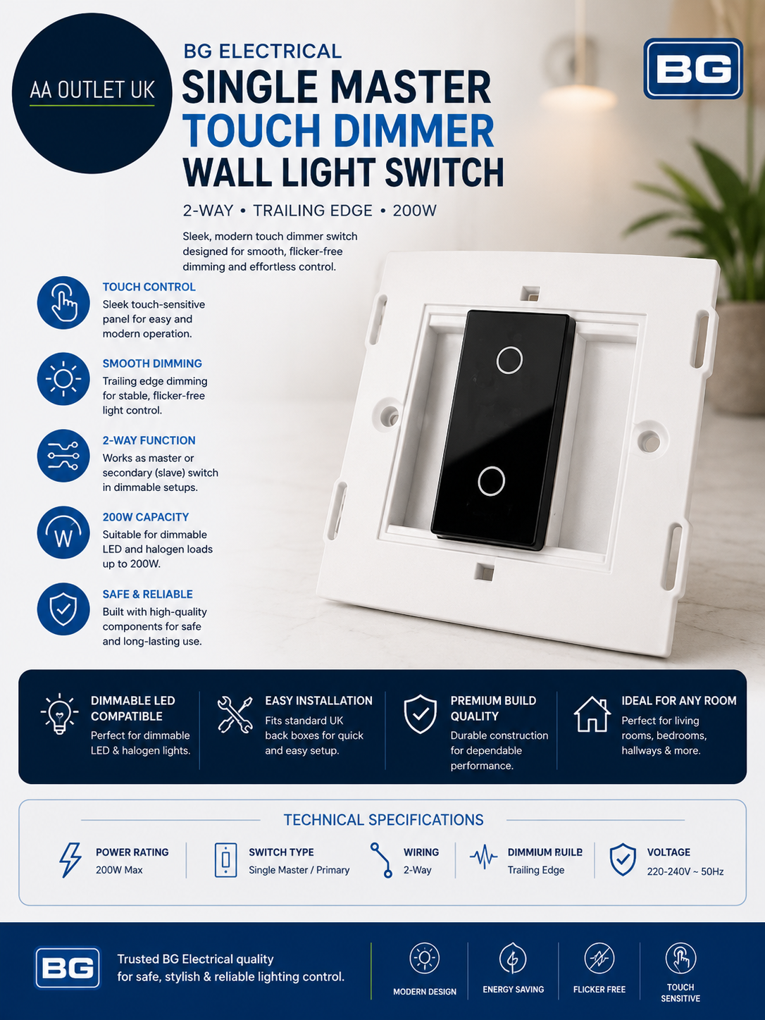 BG Electrical Single Master Primary Touch Dimmer Wall Light Switch 2 Way New