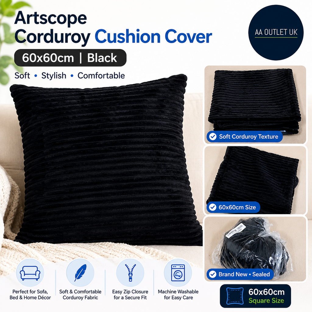Artscope Corduroy Cushion Cover 60x60cm Black Soft Throw Pillow Case Sofa