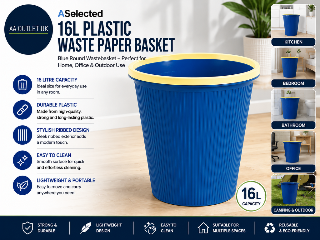 ASelected 16L Plastic Waste Paper Basket Blue Round Small Trash Can Wastebasket