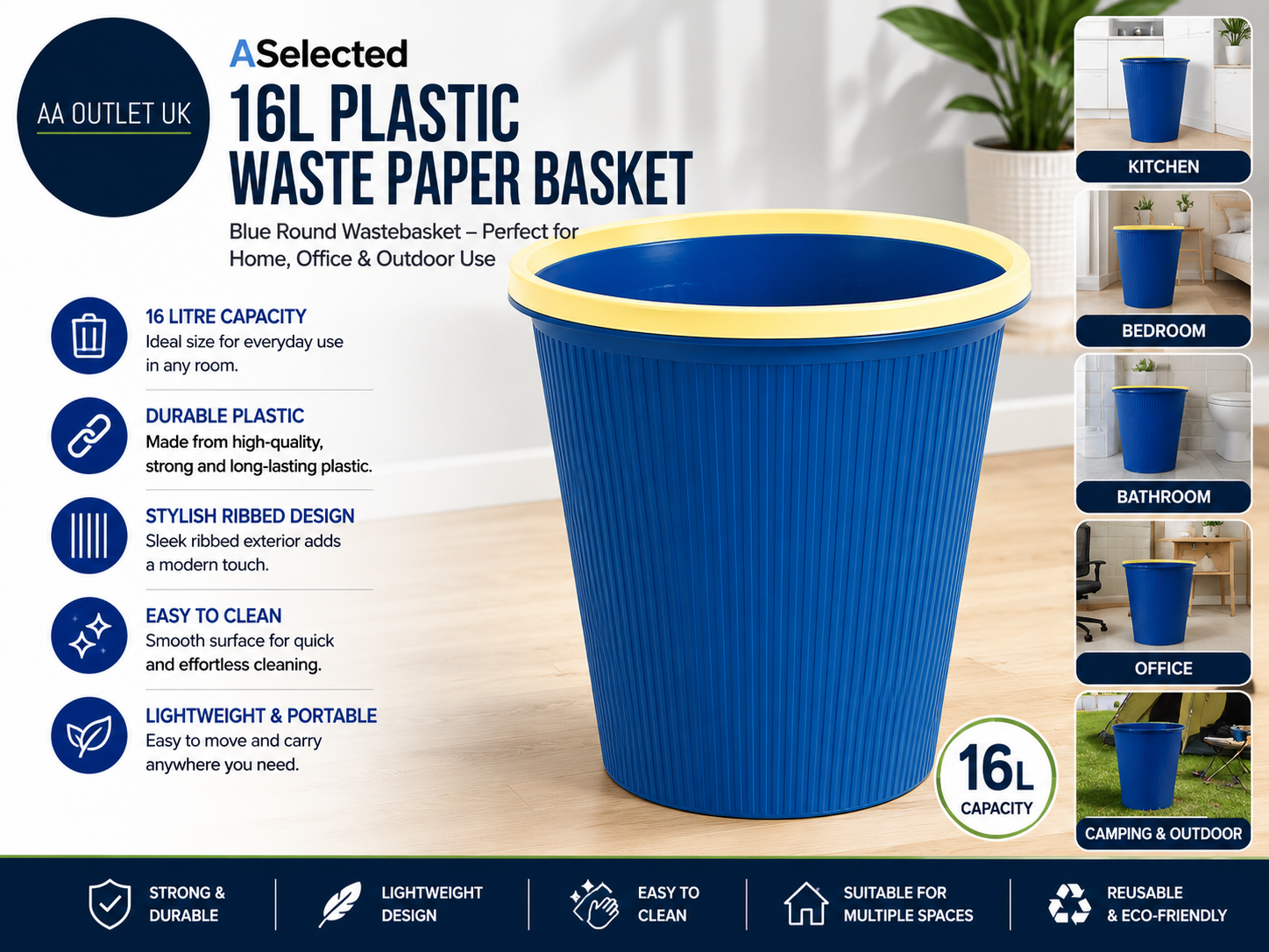 ASelected 16L Plastic Waste Paper Basket Blue Round Small Trash Can Wastebasket