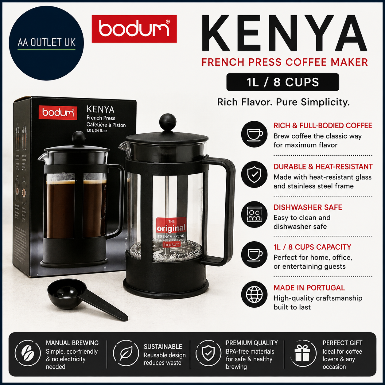 Bodum French Press Kenya 1L  8Cups Manual Coffee Maker Heat Resistant Glass