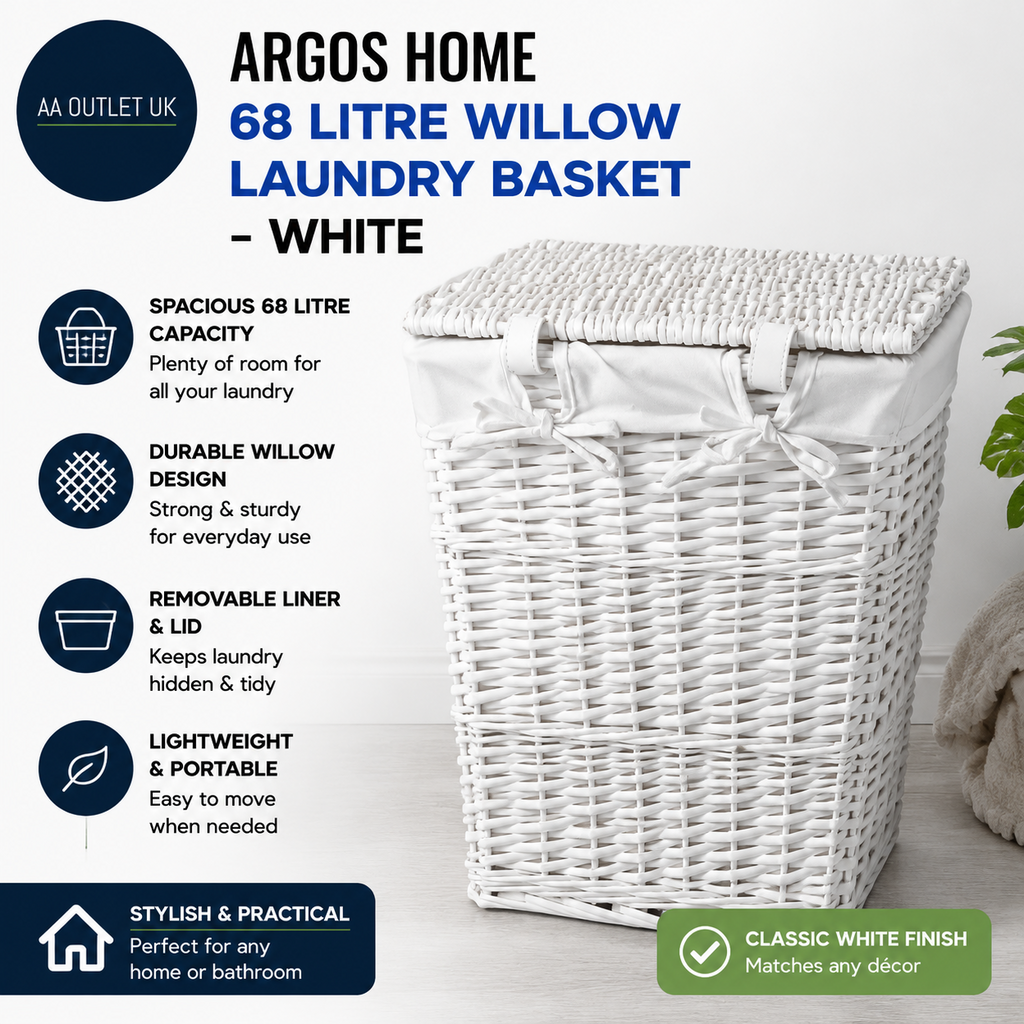 Argos Home 68L Capacity Willow Laundry Basket White 56x35x35cm