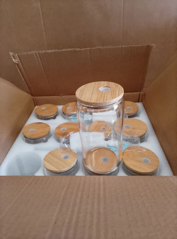 Glass Cups Lids Straws 12Pcs 16oz Iced Coffee Set Reusable Beer Can Shaped New