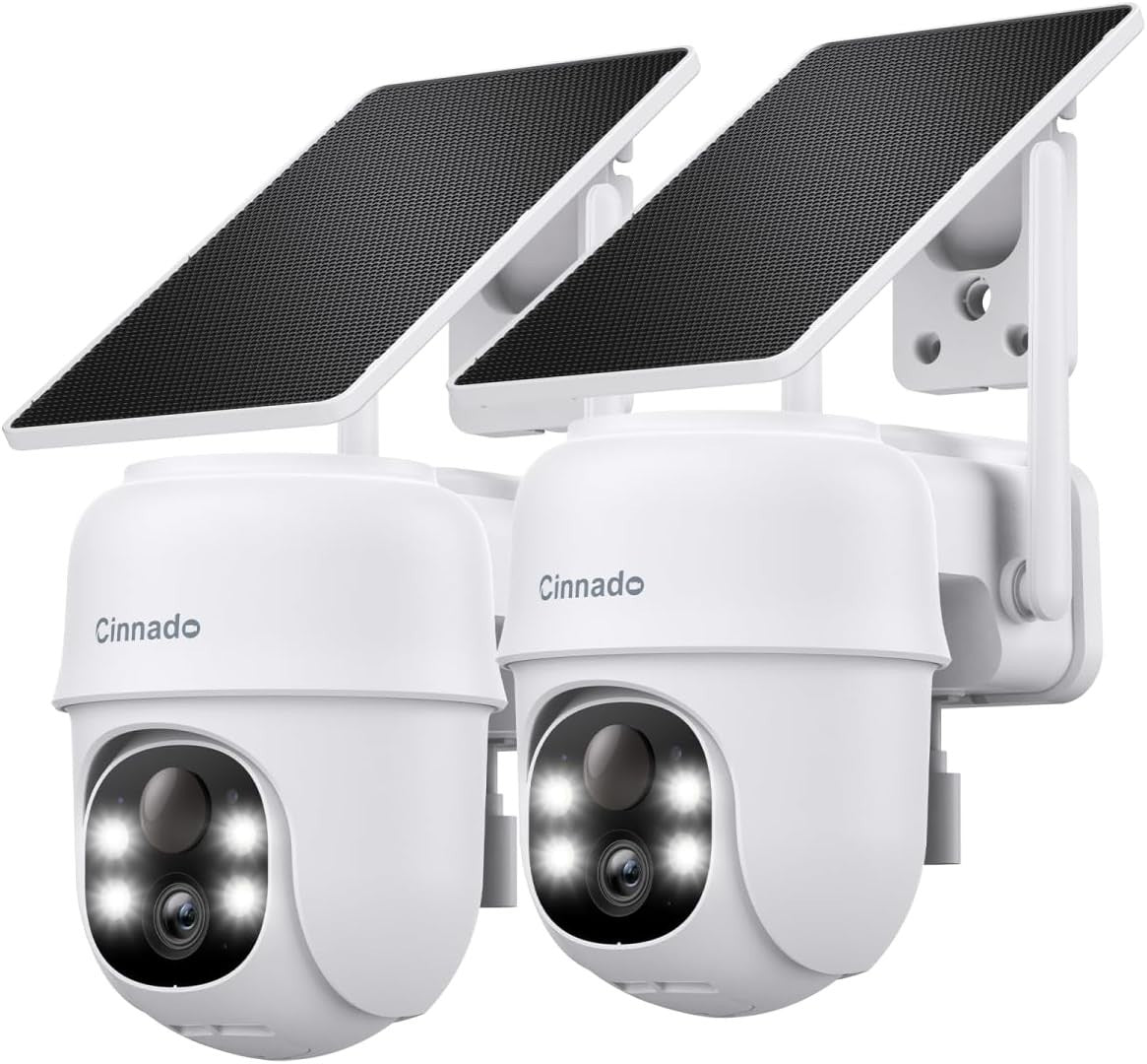 Cinnado 2 Piece Solar CCTV Camera 2K Wireless Outdoor PIR Night Vision Siren New