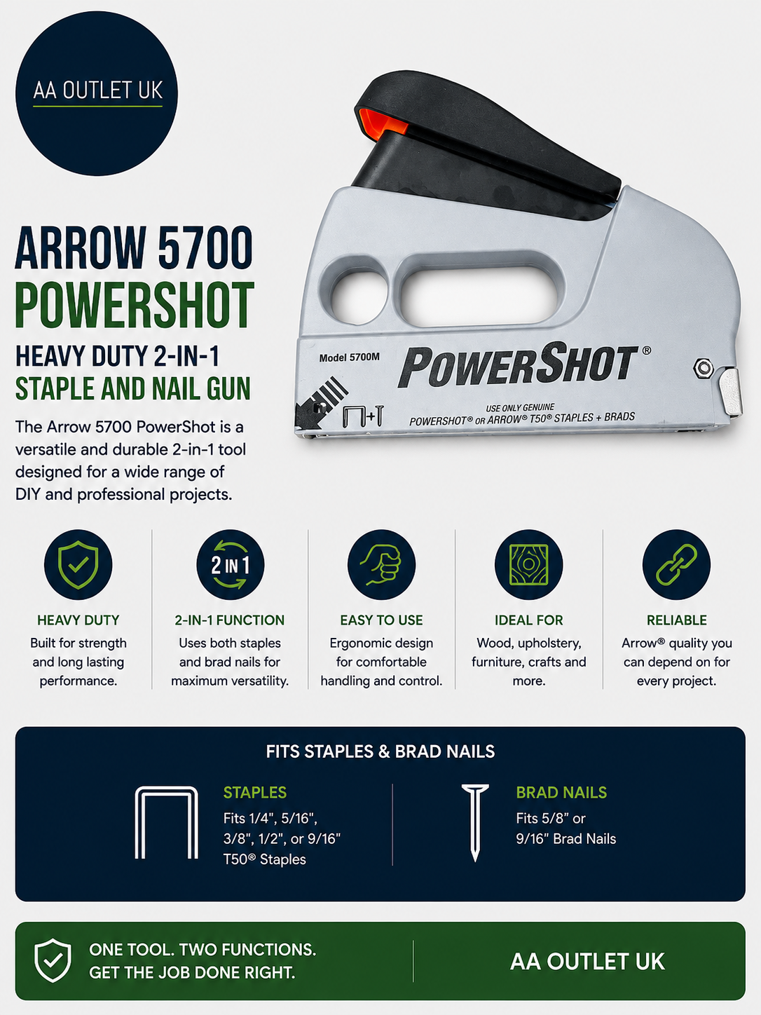 Arrow 5700 PowerShot Heavy Duty 2 In 1 Staple Nail Gun Wood Upholstery Furniture