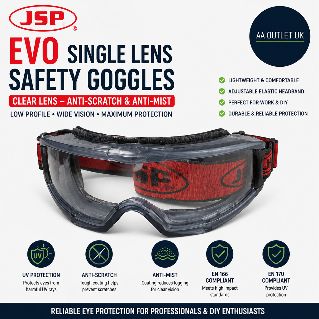 JSP EVO Single Lens Safety Goggles Clear Anti Scratch Anti Mist Low Profile Eye