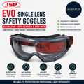 JSP EVO Single Lens Safety Goggles Clear Anti Scratch Anti Mist Low Profile Eye