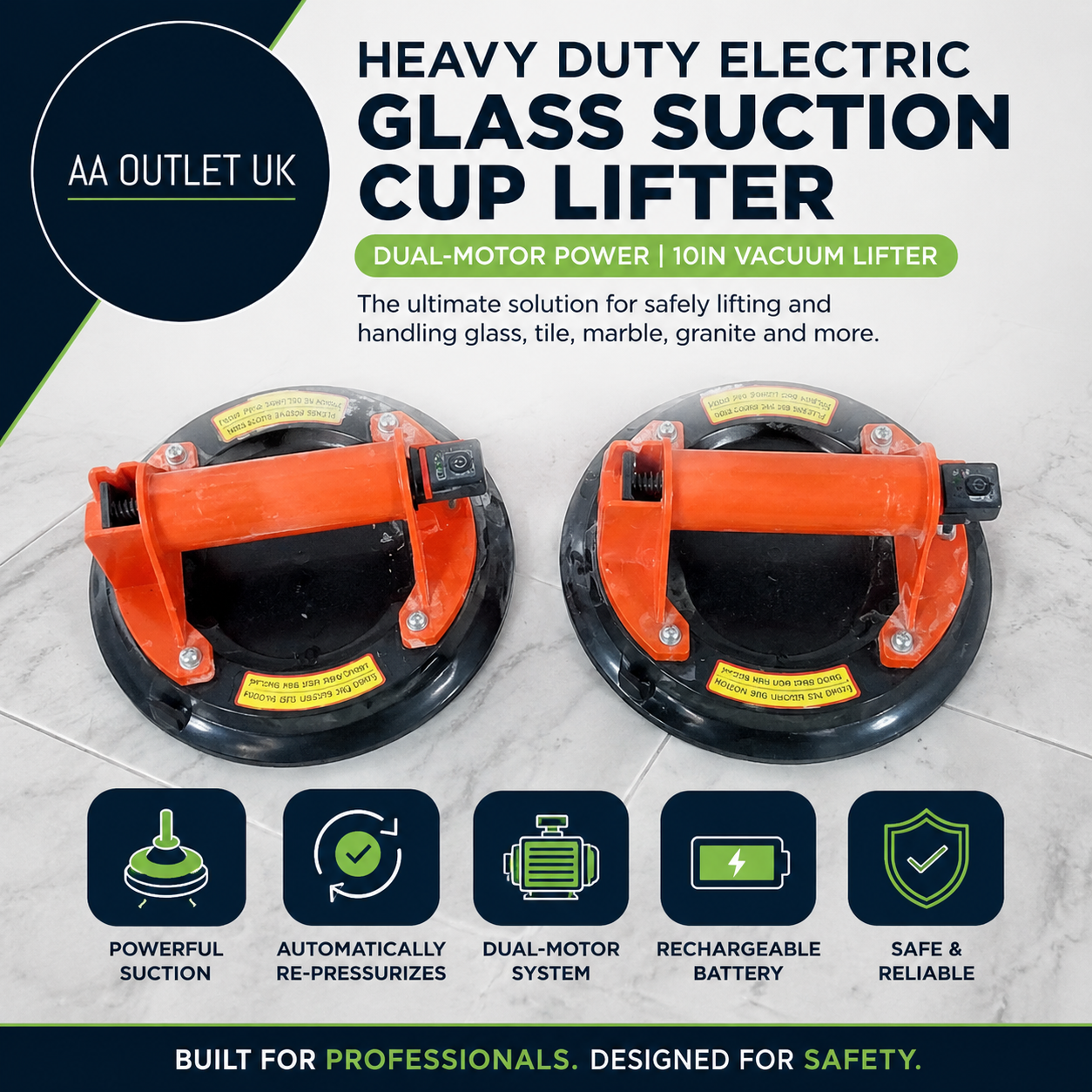 Heavy Duty Electric Glass Suction Cup Lifter Automatically Re Pressurizes Dual