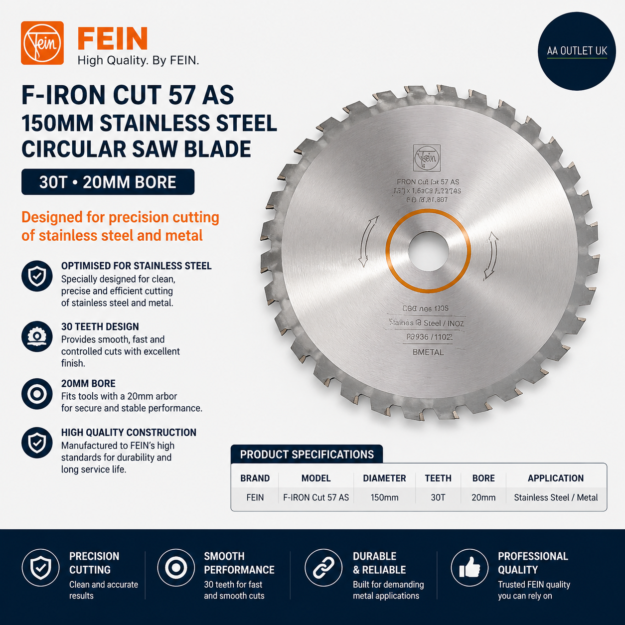 FEIN F IRON Cut 57 AS 150mm Stainless Steel Circular Saw Blade 30T 20mm Design