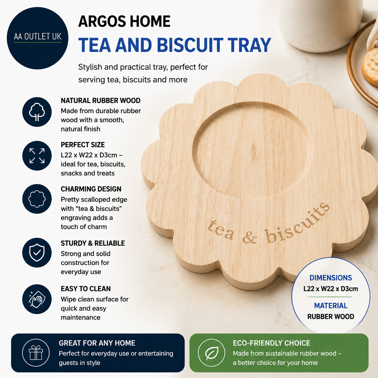 Argos Home Tea Biscuit Tray 22x22x3cm Rubber Wood Wipe Clean