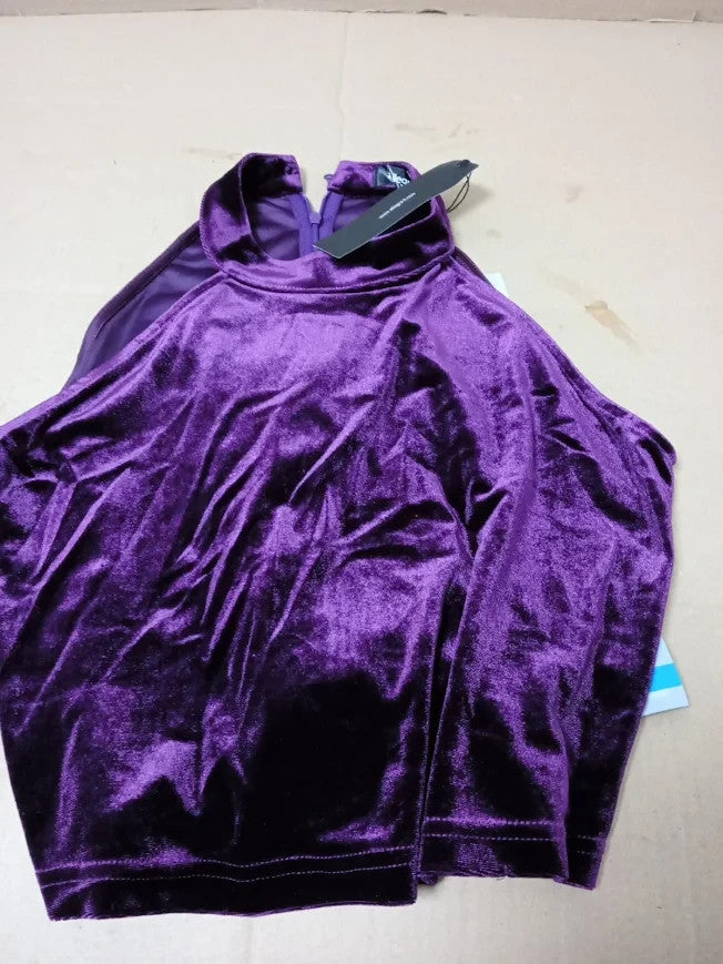 Allegra K Velvet Halter Neck Top Purple Sleeveless Blouse Party Evening New