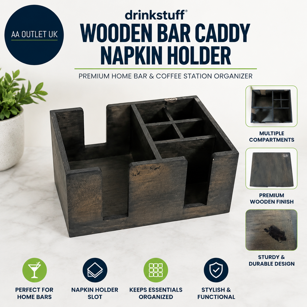 Drinkstuff Wooden Bar Caddy Napkin Holder Premium Home Coffee Station Organizer
