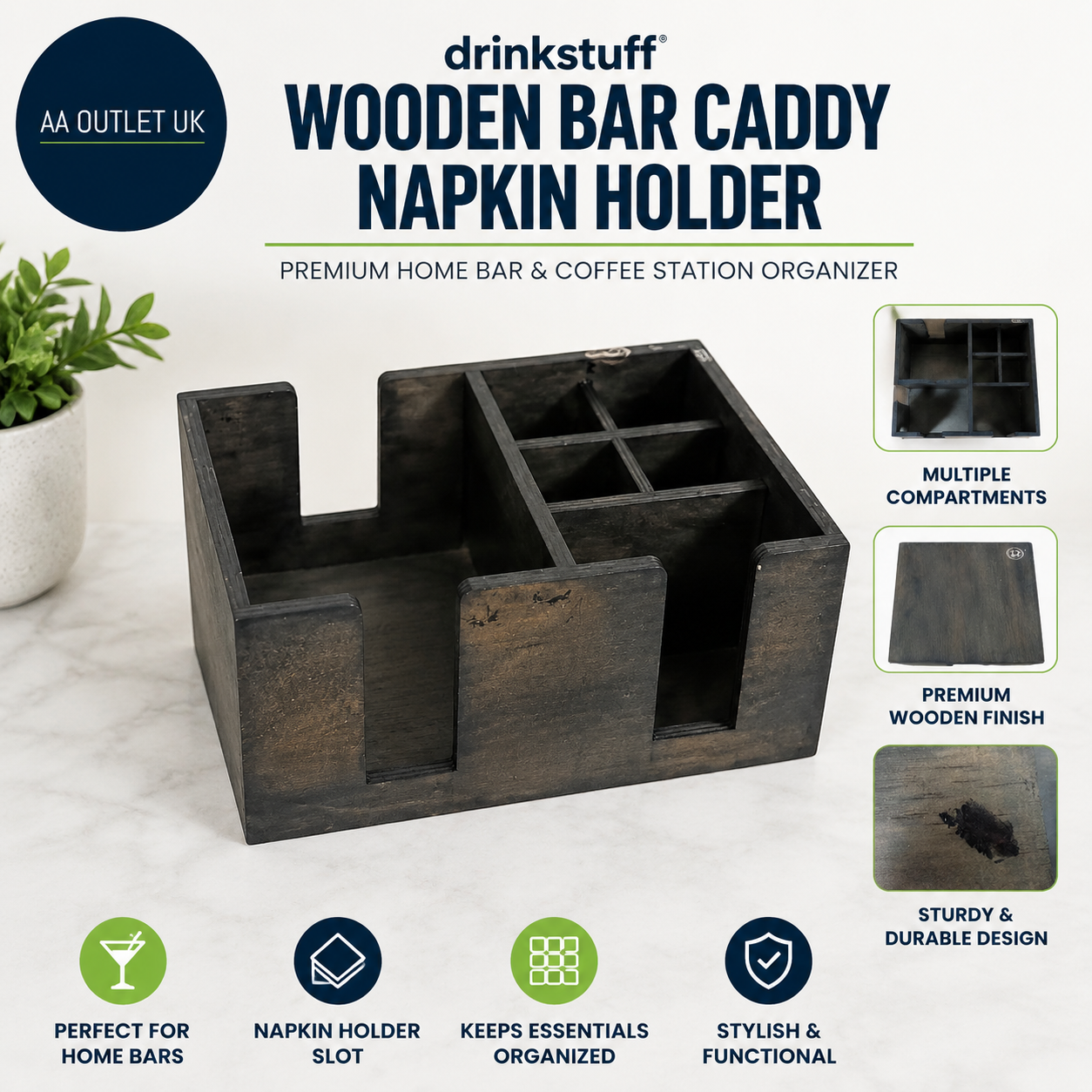 Drinkstuff Wooden Bar Caddy Napkin Holder Premium Home Coffee Station Organizer