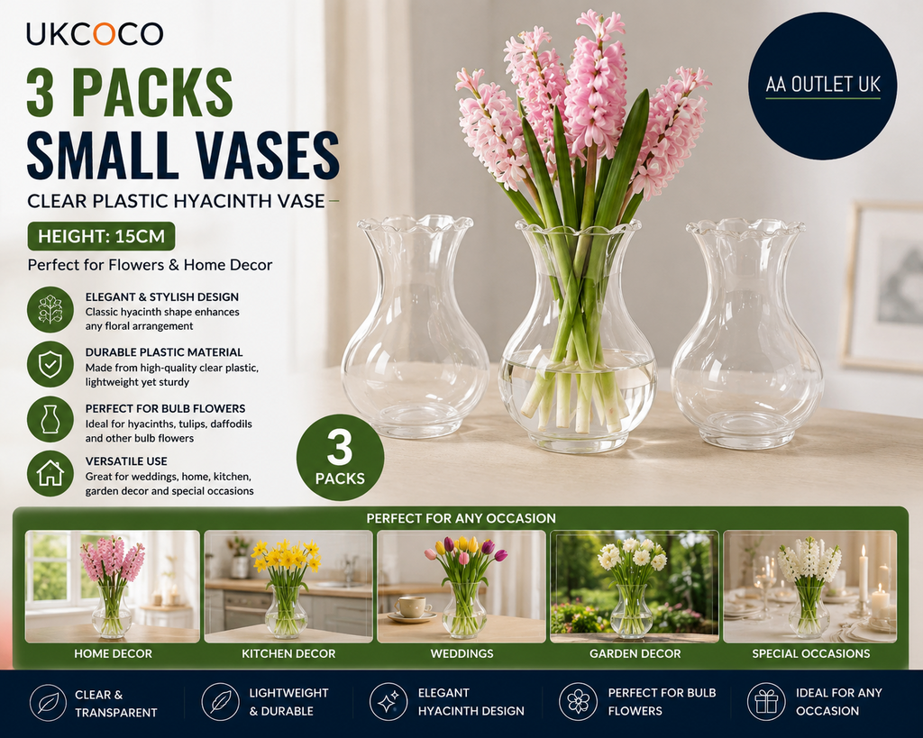 UKCOCO 3 Pack Small Vases Flowers Clear Plastic Hyacinth Tulips Oblong 15cm