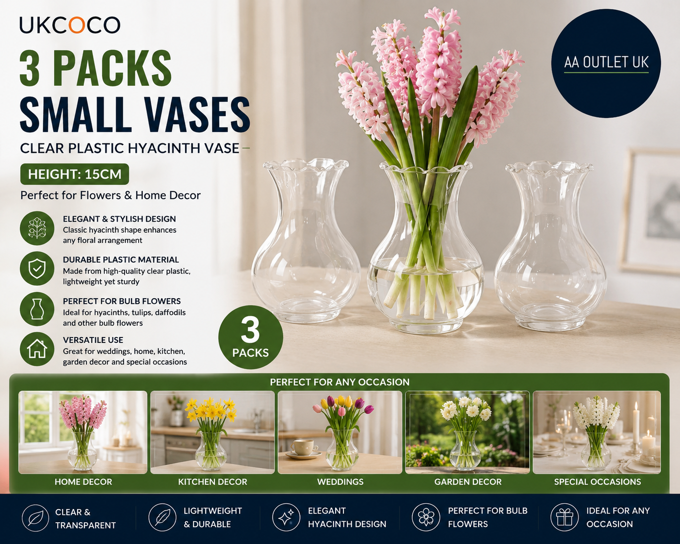 UKCOCO 3 Pack Small Vases Flowers Clear Plastic Hyacinth Tulips Oblong 15cm